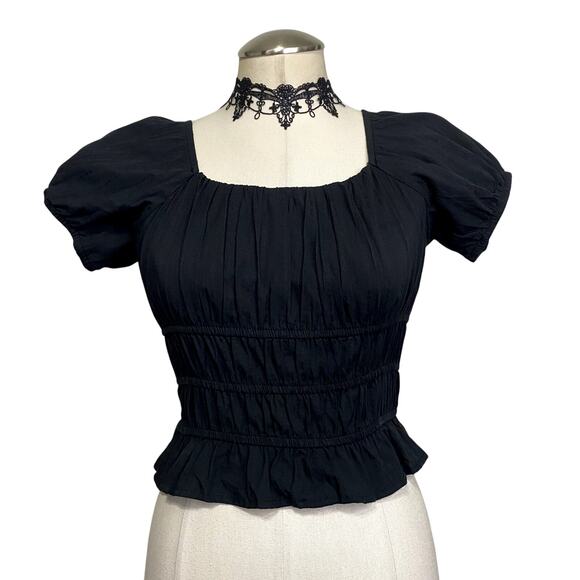 art class Tops - Gothic Whimsigoth VIctorian Milkmaid Ruched Puff Sleeve Cropped Blouse